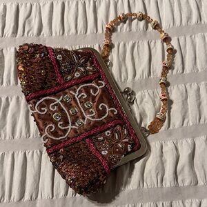 Embellished Brown Clutch with Beaded Handle